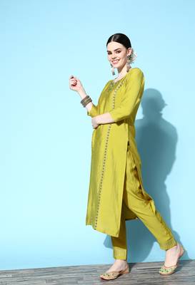 Green Sequence Zari work Cotton Blend Straight Kurta Pant with Dupatta 3