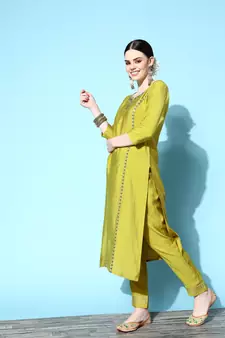 Green Sequence Zari work Cotton Blend Straight Kurta Pant with Dupatta
