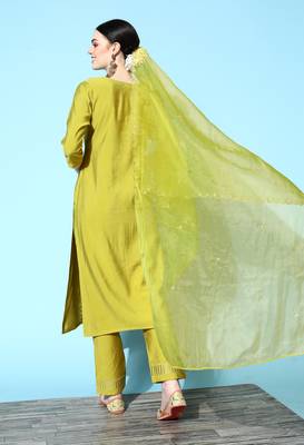 Green Sequence Zari work Cotton Blend Straight Kurta Pant with Dupatta 4