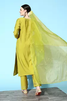 Green Sequence Zari work Cotton Blend Straight Kurta Pant with Dupatta