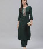 Green Embroidered Crepe Straight Kurta Pant Set