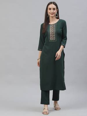 Green Embroidered Crepe Straight Kurta Pant Set 2