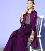 Purple Zari Sequence Embroidered Satin Straight Kurta Palazzo with Dupatta