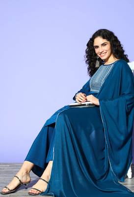 Blue Zari Sequence Embroidered Satin Straight Kurta Palazzo with Dupatta 1