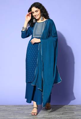 Blue Zari Sequence Embroidered Satin Straight Kurta Palazzo with Dupatta 2