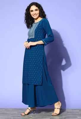Blue Zari Sequence Embroidered Satin Straight Kurta Palazzo with Dupatta 3