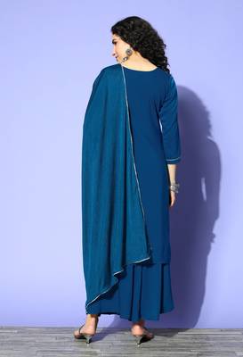Blue Zari Sequence Embroidered Satin Straight Kurta Palazzo with Dupatta 4