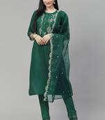 Green Zari Embroidered Viscose Weaving Cotton Kurta Pant with Dupatta