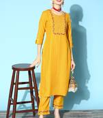 Yellow Sequence Zari Gota Embroidered Cotton Blend Kurta Pant Set
