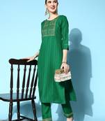 Green Sequence Zari Gota Embroidered Cotton Blend Kurta Pant Set