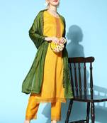 Yellow Mirror work Gota Embroidered Chinon Silk Kurta Pant with Cut Work Dupatta