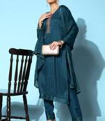 Blue Mirror work Gota Embroidered Chinon Silk Kurta Pant with Cut Work Dupatta