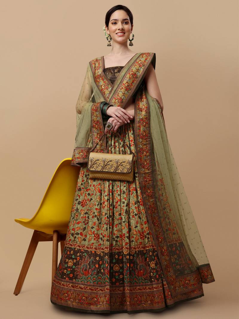 Green floral print art silk semi stitched lehenga
