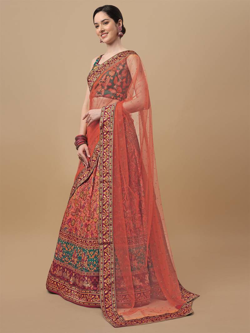 Orange floral print art silk semi stitched lehenga