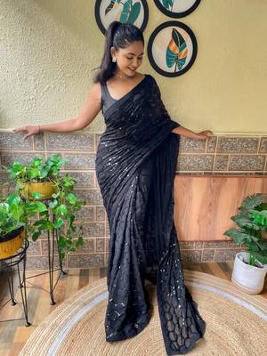 Black woven georgette saree with blouse 1