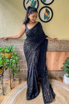 Black woven georgette saree with blouse