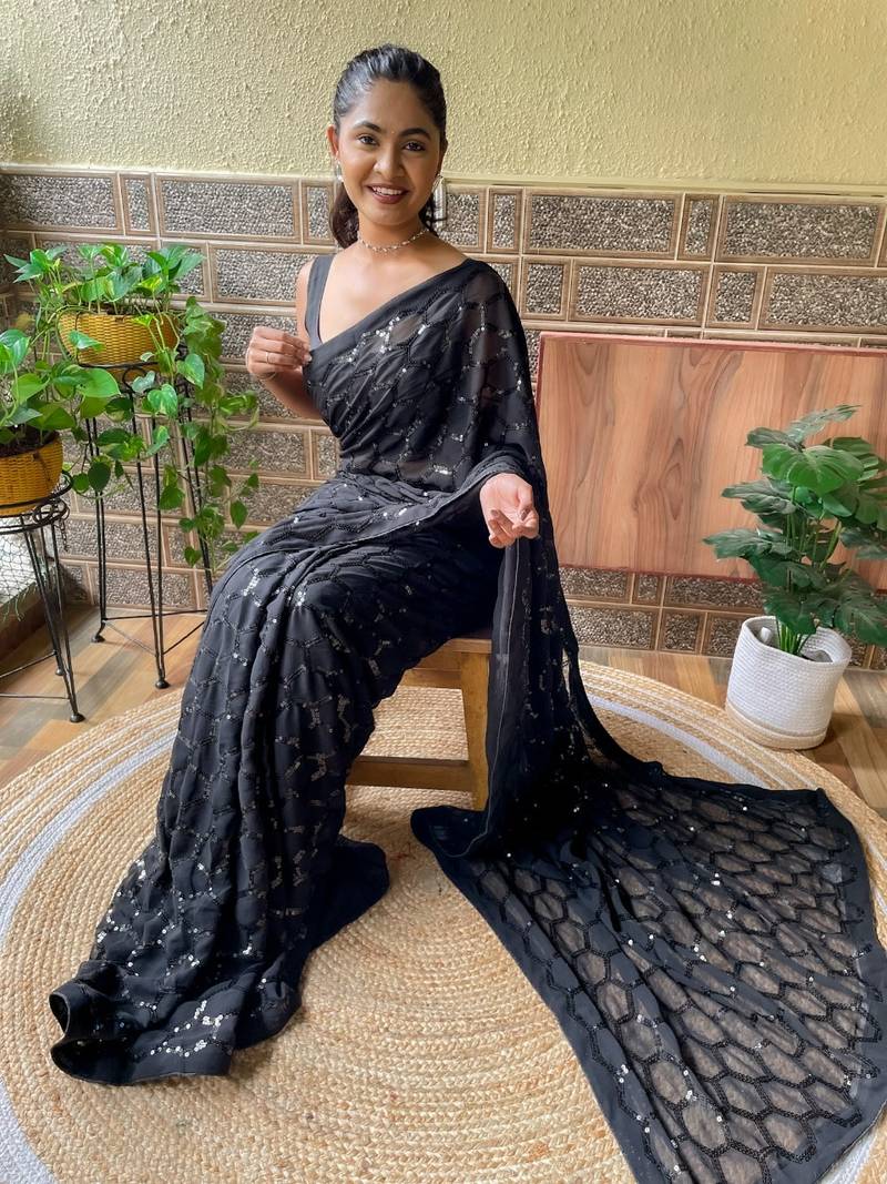 Black woven georgette saree with blouse