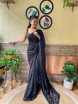 Black woven georgette saree with blouse 4