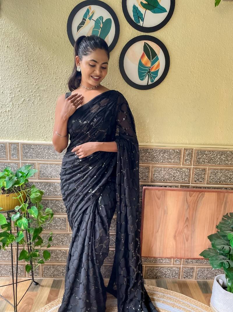 Black woven georgette saree with blouse