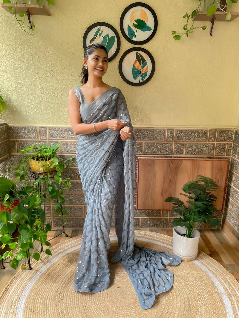 Grey woven georgette saree with blouse