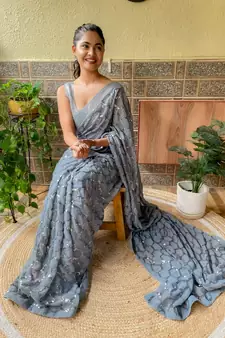 Grey woven georgette saree with blouse