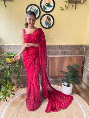 Red woven georgette saree with blouse 1
