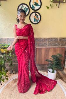 Red woven georgette saree with blouse