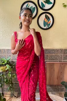 Red woven georgette saree with blouse