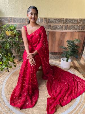 Red woven georgette saree with blouse 3