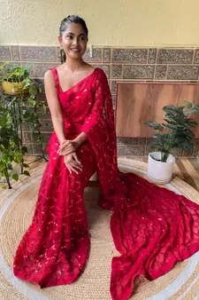 Red woven georgette saree with blouse