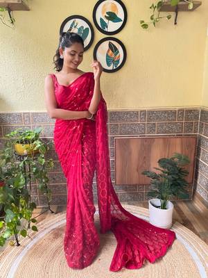 Red woven georgette saree with blouse 4