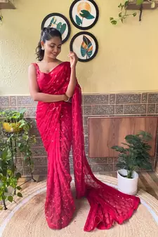 Red woven georgette saree with blouse