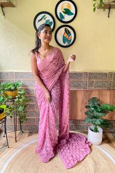 Pink woven georgette saree with blouse