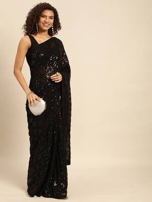 Black embroidered georgette saree with blouse 1