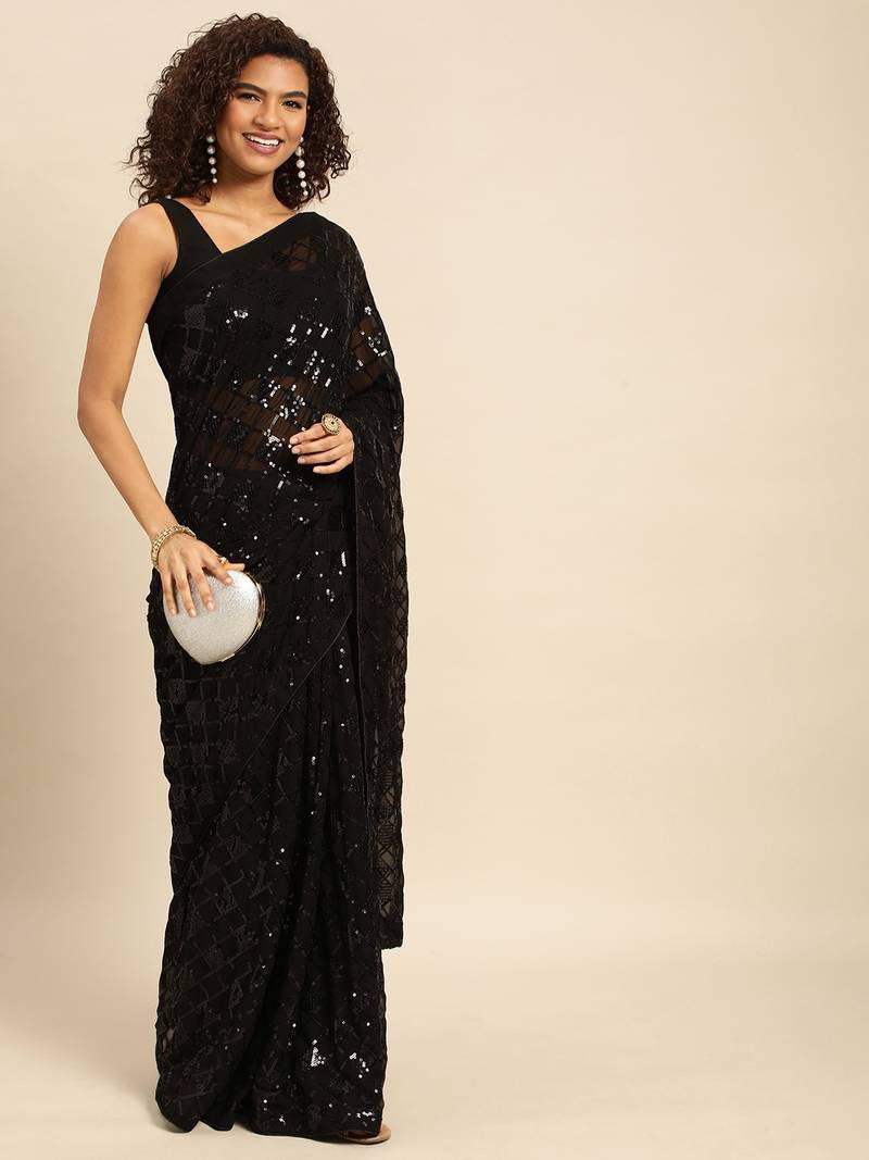 Black embroidered georgette saree with blouse
