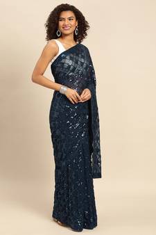 Navy blue embroidered georgette saree with blouse