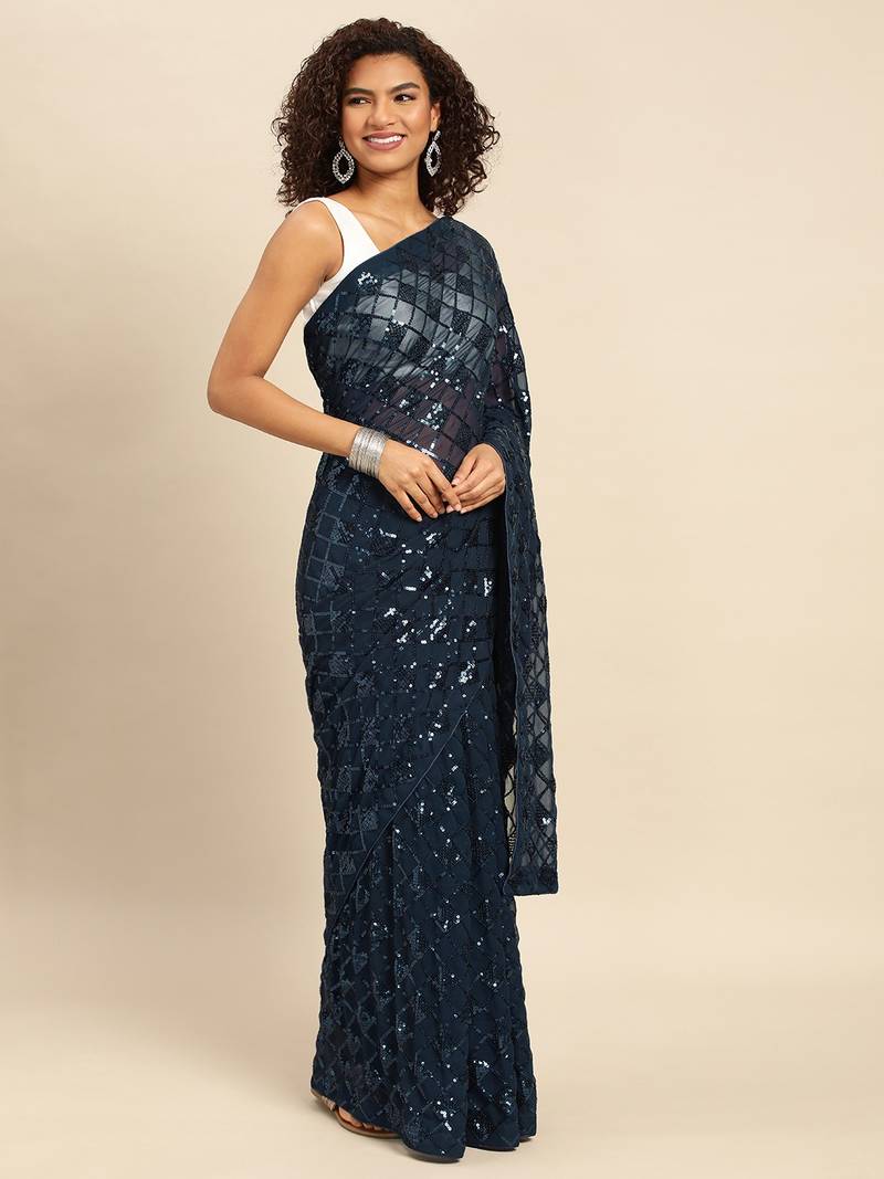 Navy blue embroidered georgette saree with blouse