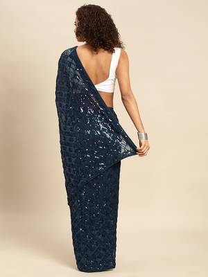 Navy blue embroidered georgette saree with blouse 2