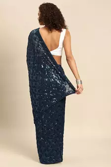 Navy blue embroidered georgette saree with blouse