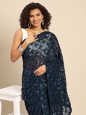 Navy blue embroidered georgette saree with blouse 3