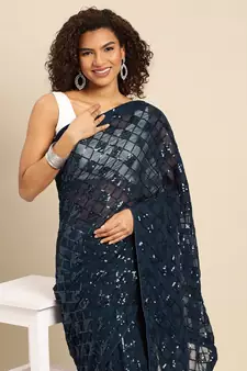 Navy blue embroidered georgette saree with blouse