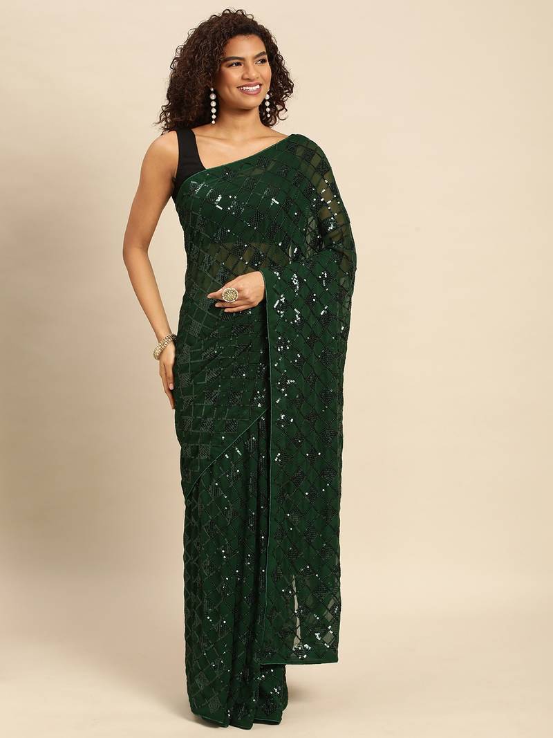 Green embroidered georgette saree with blouse