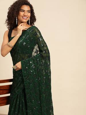 Green embroidered georgette saree with blouse 3