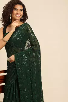 Green embroidered georgette saree with blouse