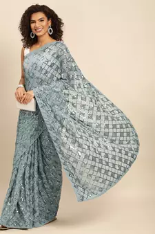 Grey embroidered georgette saree with blouse