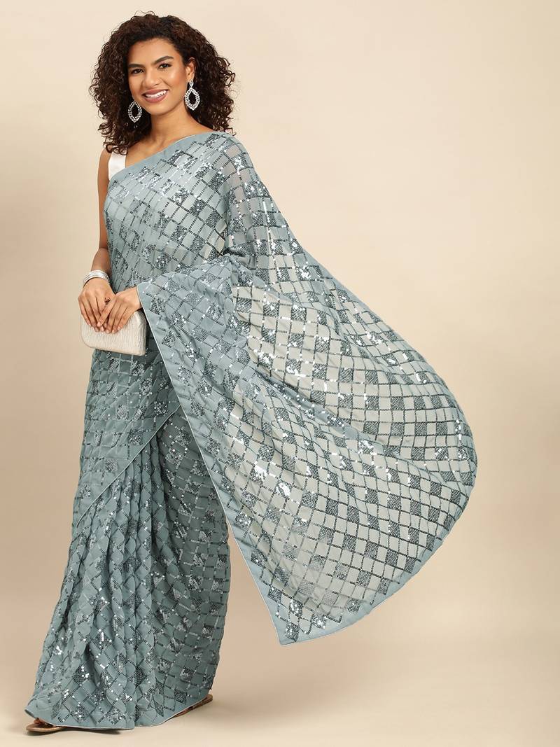 Grey embroidered georgette saree with blouse