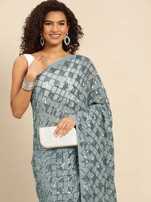 Grey embroidered georgette saree with blouse 3