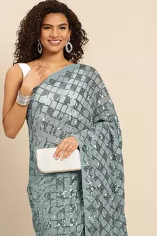 Grey embroidered georgette saree with blouse