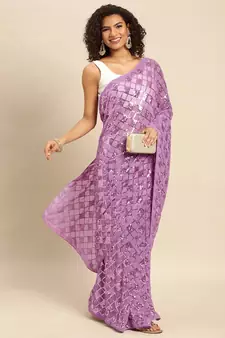 Pink embroidered georgette saree with blouse