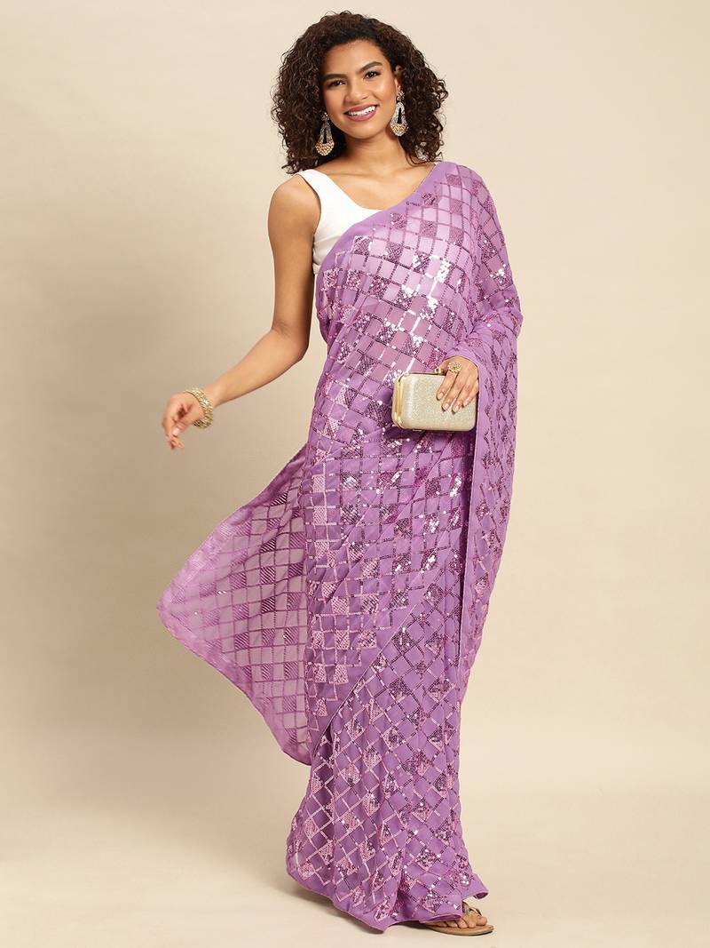 Pink embroidered georgette saree with blouse